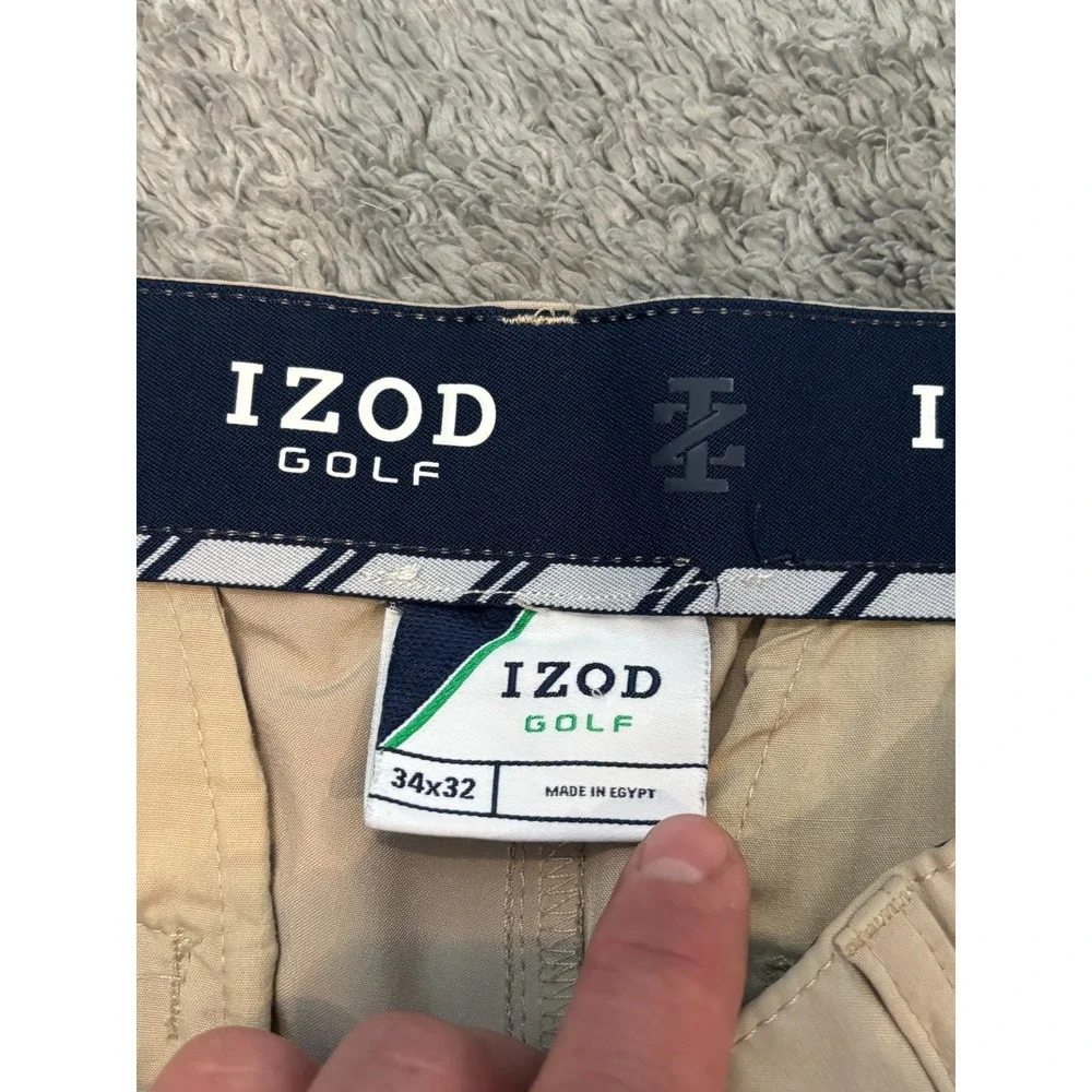 Izod Golf Pants Mens 34x32 Beige Relaxed Fit Stretch Waist Flat Front Khakis